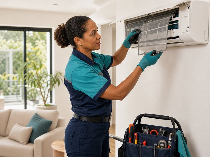 Technicien nettoyant un climatiseur mural