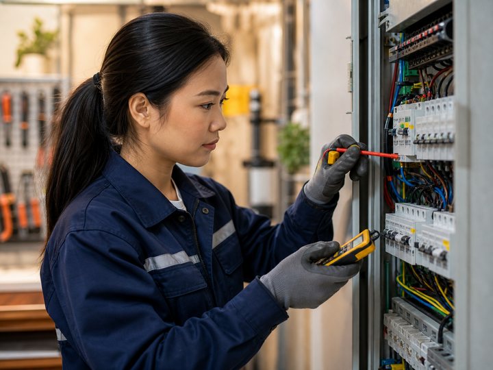 Technicien contrôlant un tableau électrique