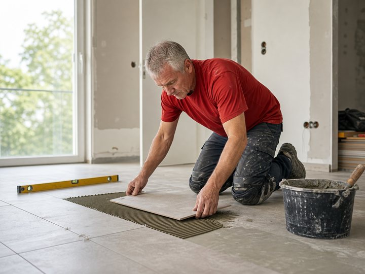 Technicien posant du carrelage pendant une rénovation